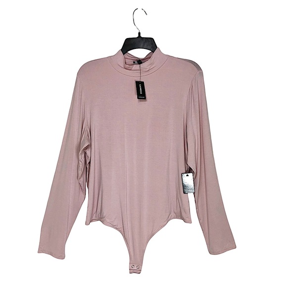 Express Stretchy Soft Light Pink Lined Front Monk Long Sleeve Thong Bodysuit XL - Picture 1 of 11